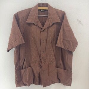 Novelo Guayabera Shirt Mens 44 Brown 100% Linen Embroidered Short Sleeve Summer